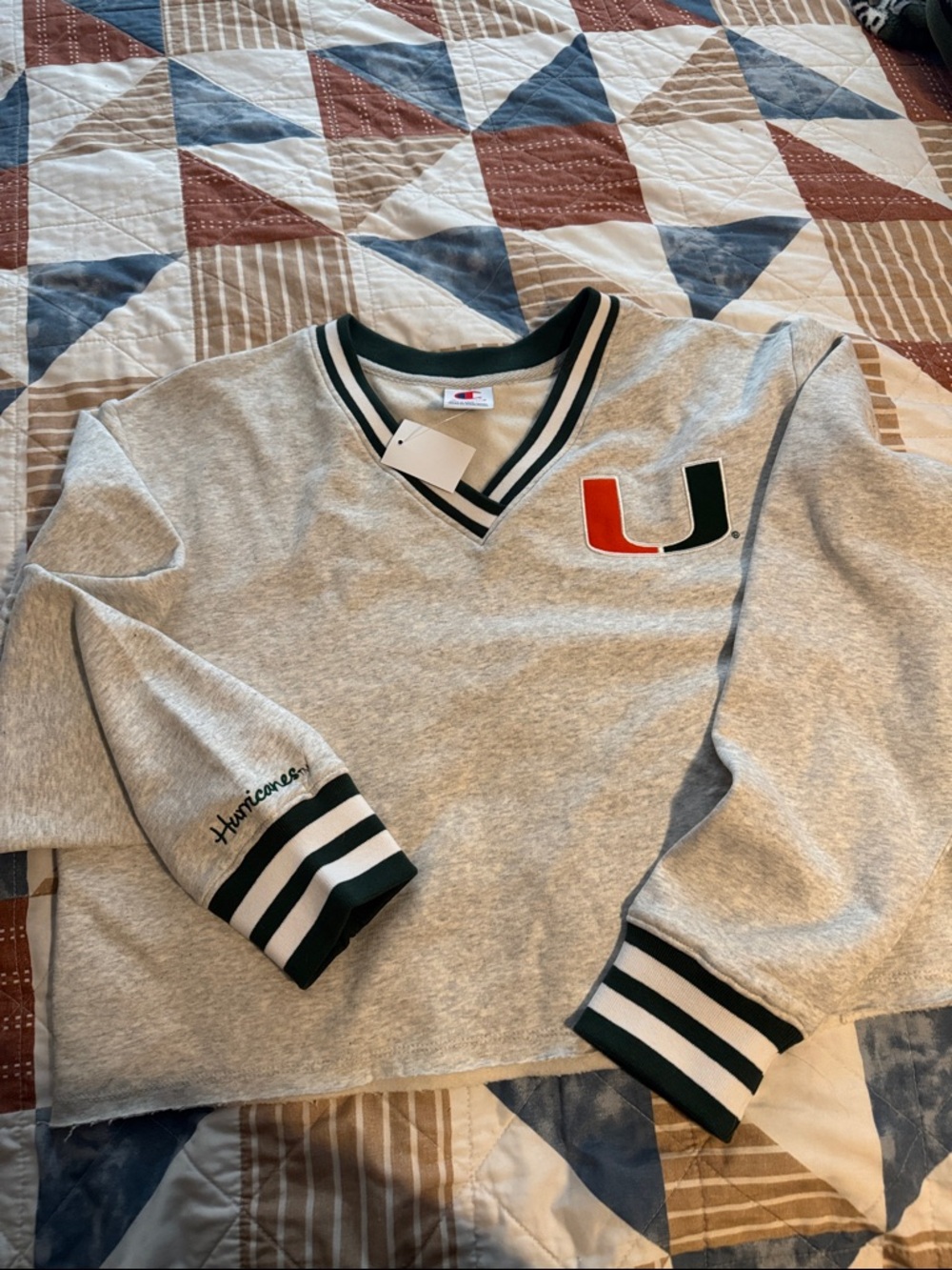 Grey 'UMiami” Logo Cropped Sweatshirt with Green & Orange Accents